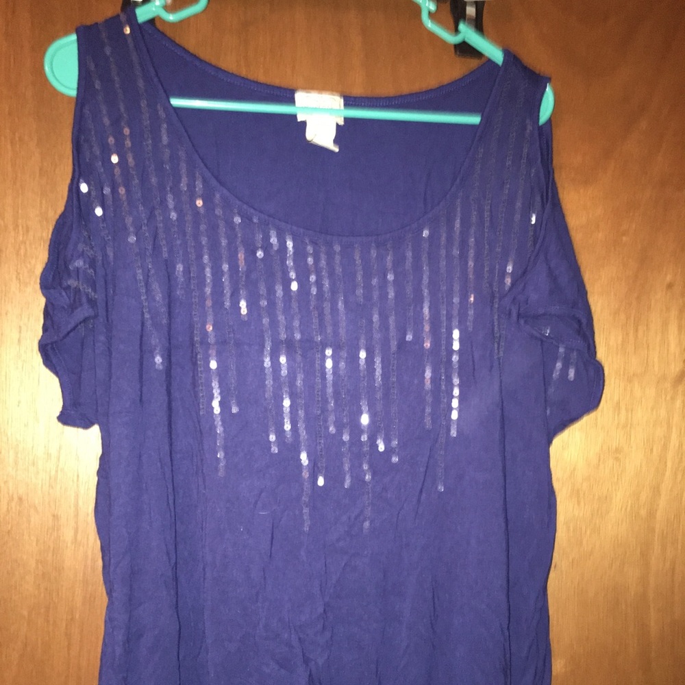 Navy blue cold shoulder top with sequin trim